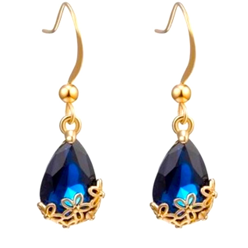 18k Gold Swarovski Sapphire Blue Earrings